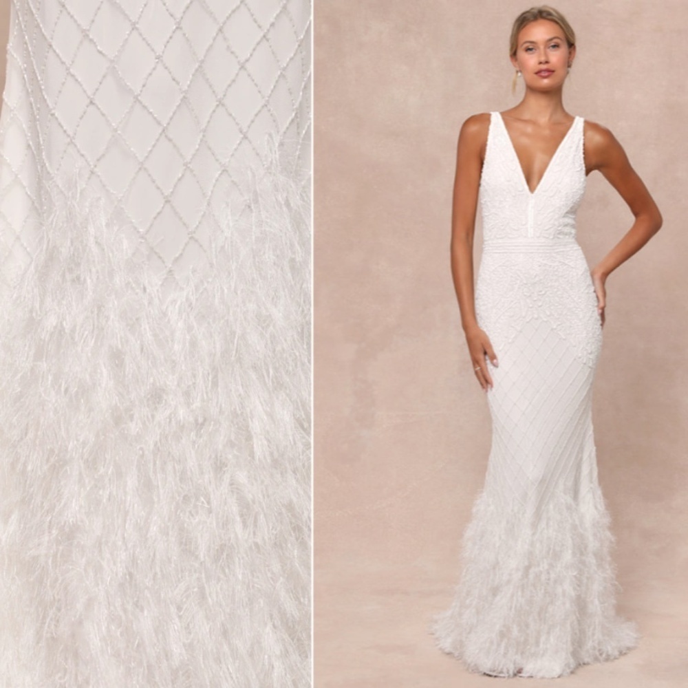 LULUS Bridal Wedding Elegant Sophisticated STUNNING Beaded Sequin Feathers Gown
